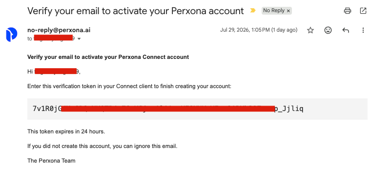 Perxona verification email showing the plain-text token